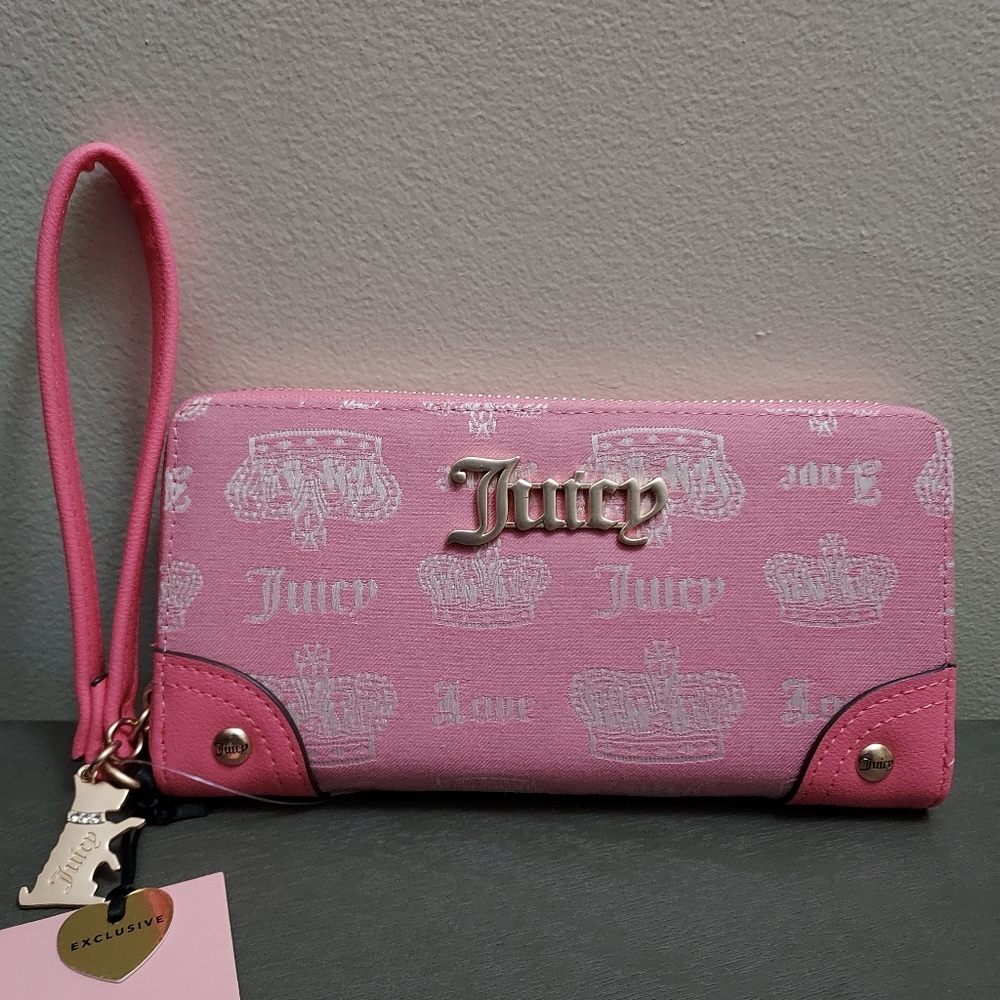 Juicy Couture Fan Club Pink Crown Logo Large Continental  Wristlet Wallet